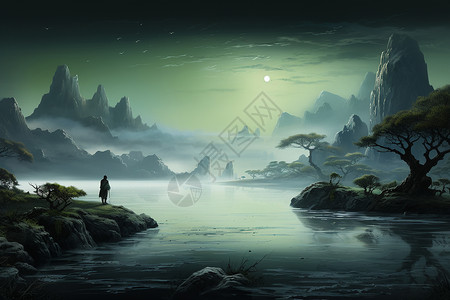 月夜明亮的山水景观插图背景图片