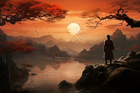 古代夕阳素材夕阳湖畔欣赏日落的诗人插画