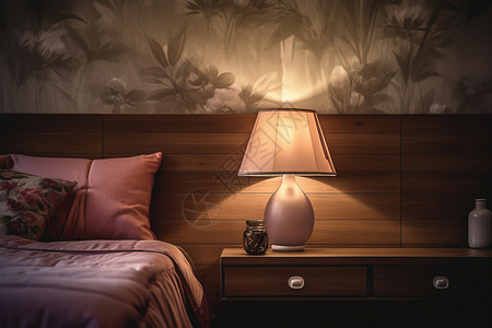 现代卧室床头柜上的台灯背景图片