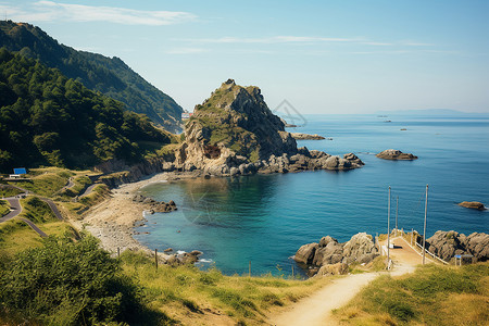 在一条线上海岸线上一条通往海滩的小路背景