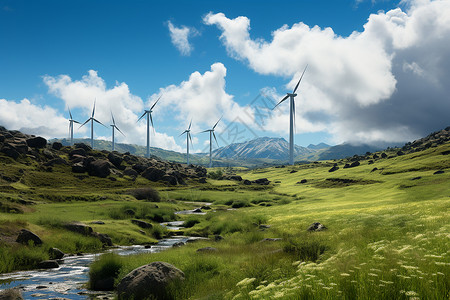生态工业山丘上的风力发电生态背景
