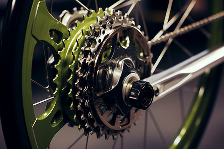 自行车车轮上的金属齿轮高清图片