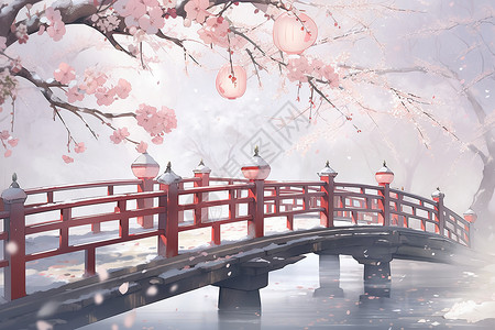 冰雪掩映桃花绽放的古桥背景图片