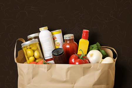 食物包装素材纸袋中的食物和调味料背景