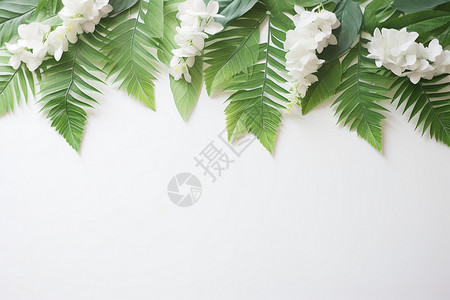 白色墙壁前的鲜花绿叶背景图片
