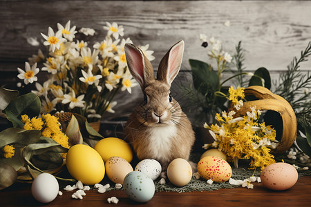 庆祝复活节的兔子和彩蛋背景图片