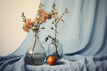 花枝透明素材复古帷布上的简约花瓶背景