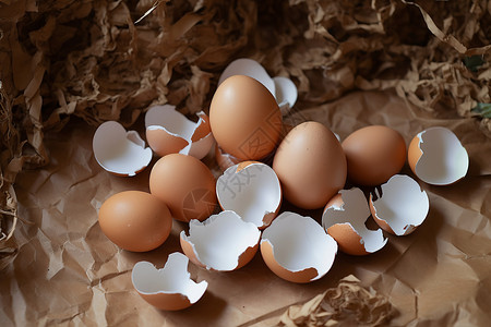 破碎金蛋壳健康的鸡蛋和蛋壳背景