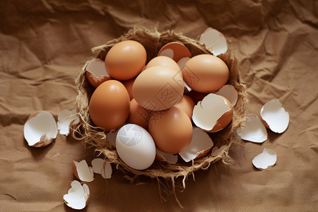 破碎金蛋壳桌面上的鸡蛋和蛋壳背景