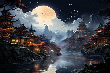 夜晚的江畔村庄背景图片