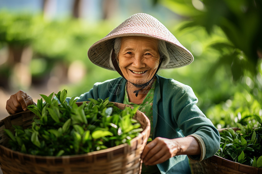 茶农微笑中托举着篮筐图片