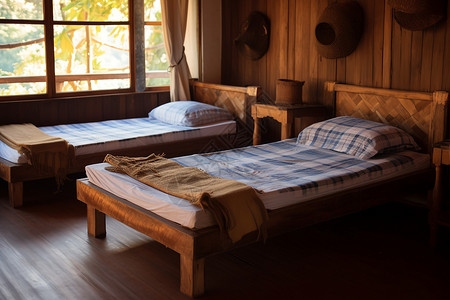 木质床铺的房间背景图片