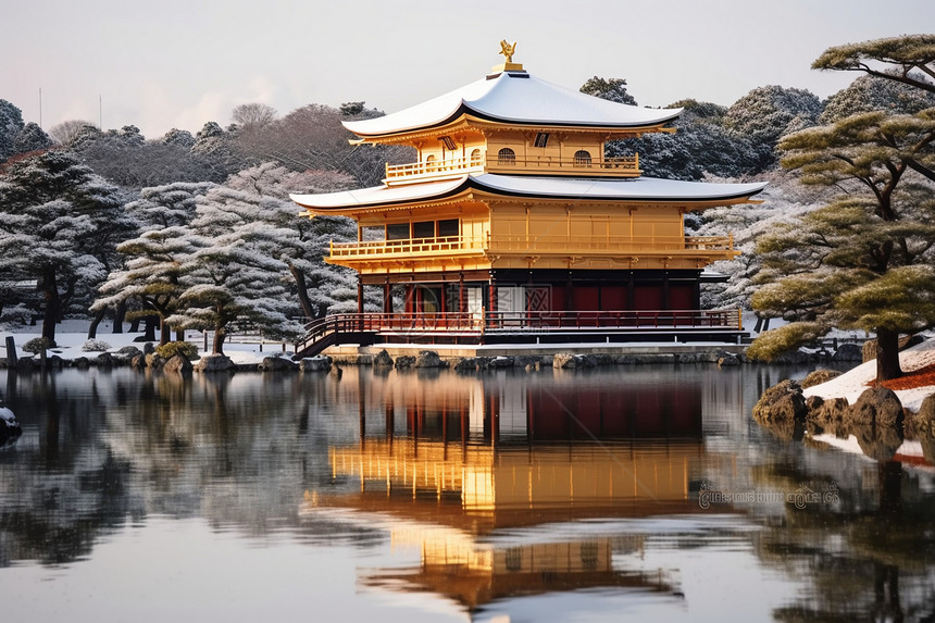 冬季白雪覆盖的金阁寺景观图片