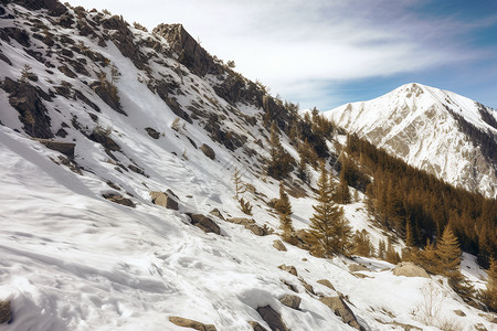 寒冷冬季的雪山景观背景图片