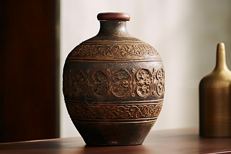 传统韵味古代陶酒罐的质朴之美背景图片
