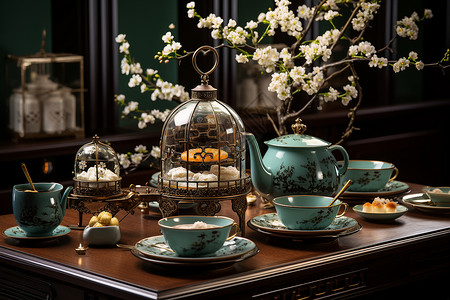 鲜花簇拥的茶具背景图片