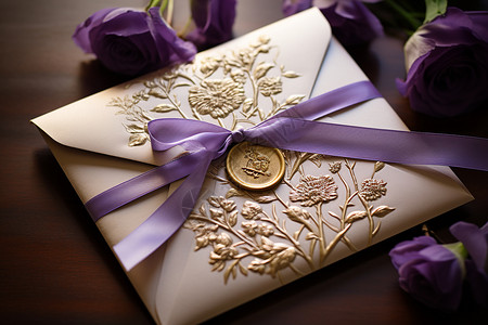 丝带花纹绑着紫色丝带的信封背景