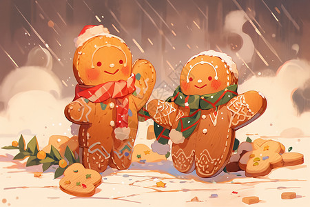 卡通下雪背景雪地里的姜饼人背景