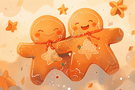 幸运草卡通插画星空中两个姜饼人拥抱在一起背景