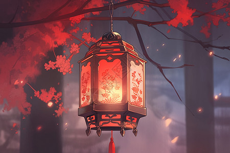 红灯笼悬挂在树上背景图片