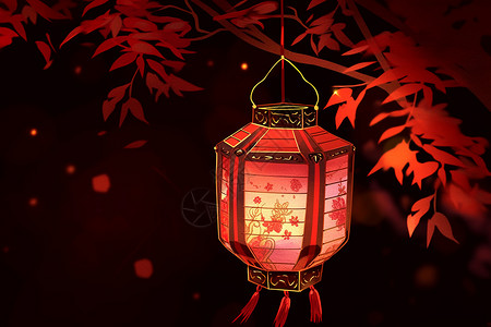 枫叶间的红灯笼背景图片