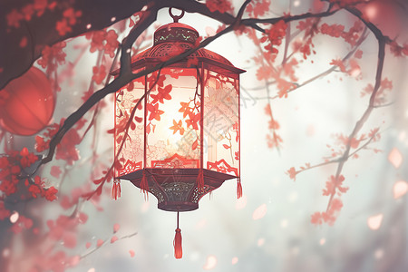 红叶树下的红灯笼背景图片