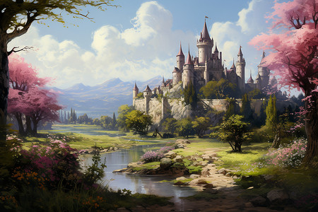 河边的古堡背景图片