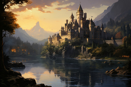 夜幕下的古堡背景图片