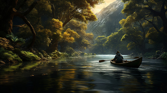 林间溪流上的木质小船插画