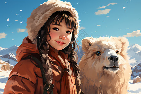 雪地中可爱的放牧小女孩背景图片