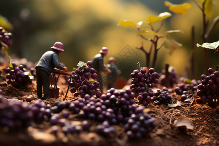 葡萄种植基地葡萄种植园中的迷你小人设计图片