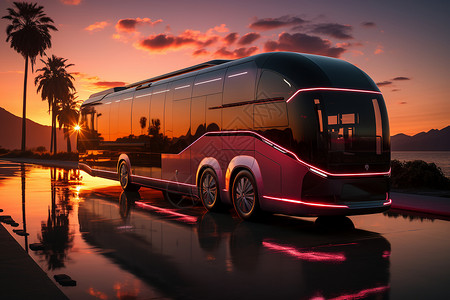 夕阳下的未来电动客车背景图片