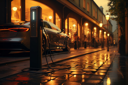 城市夜晚街道边的充电桩背景图片