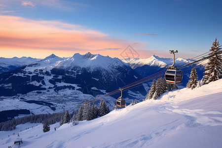 冬季雪后山间的缆车背景图片