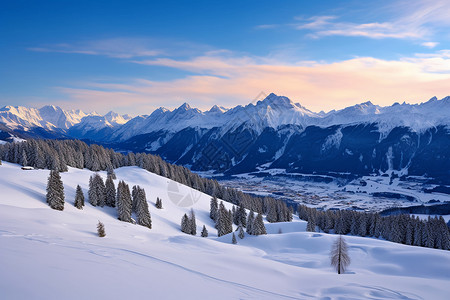 冬季雪后山间的美丽景观背景图片