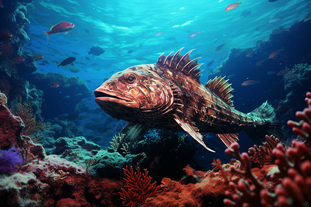深海鱼类深海中神秘的热带鱼插画