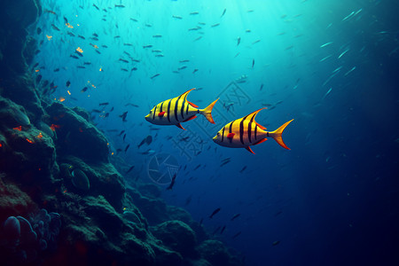 蔚蓝深海中的条纹鱼背景