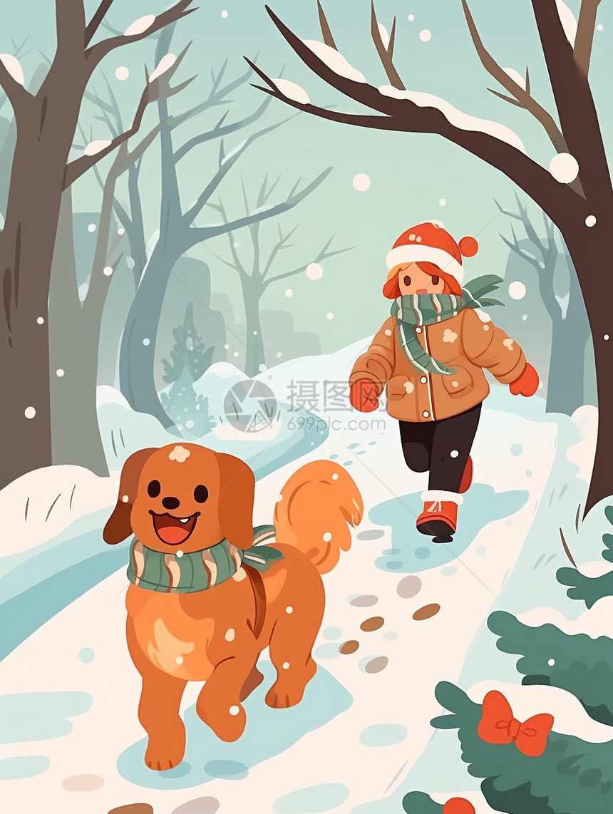 创意艺术的雪山小狗与主人插图图片