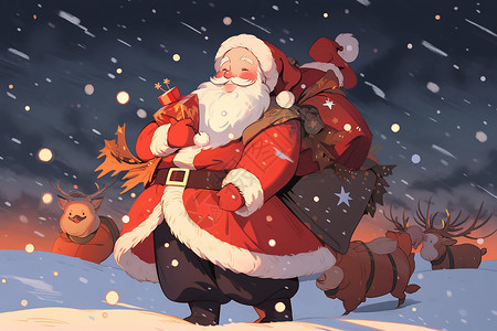 圣诞老人与驯鹿的创意插图背景图片