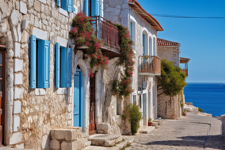 风景宜人浪漫的爱琴海小镇建筑景观背景