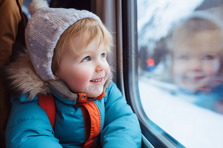 手绘可爱火车冬季外出的小男孩背景