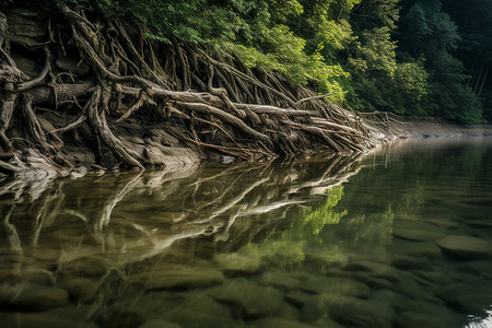 大树根系河流上的植物根系背景