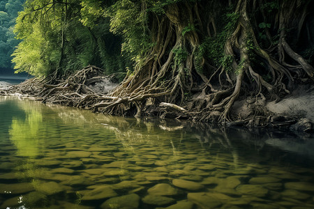 大树根系河边大树复杂的根系背景