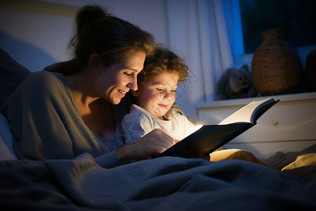 孩子童话母子在卧室里阅读绘本背景