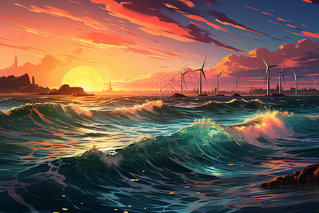 科技海洋海洋与风车插画