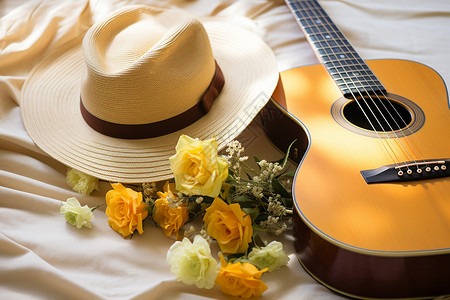 吉他上贴素材桌子上的玫瑰花和吉他背景