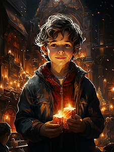 教堂里捧着蜡烛的少年背景图片