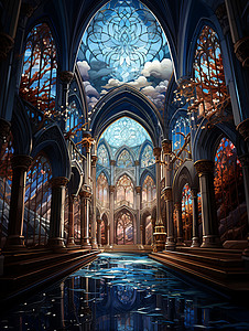 建筑彩绘教堂里的彩绘玻璃窗插画