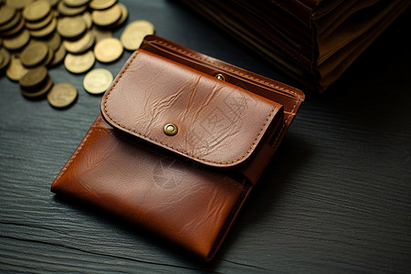 桌上硬币和钱包背景图片