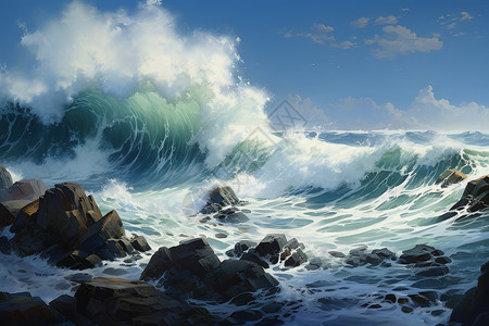 海浪翻滚巨浪冲击岩岸背景图片